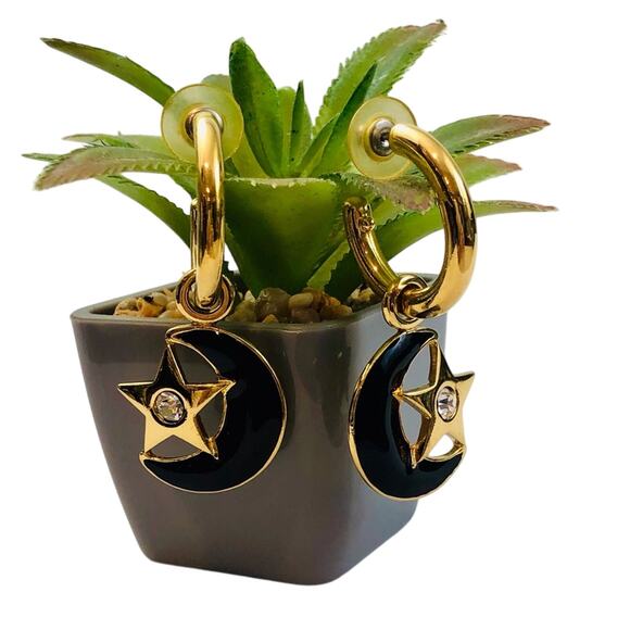 Vintage 80's Earrings Black Half Moon Gold Hoop Dangle Rhinestone Spacecore - Picture 11 of 16